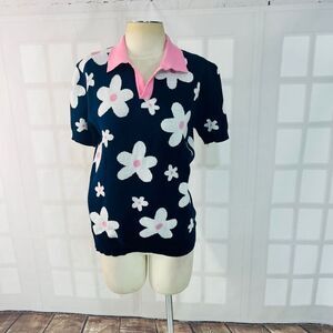 OXKNITSTORE Men's Multicolor Retro Floral Knit Short Sleeve Polo Shirt Small